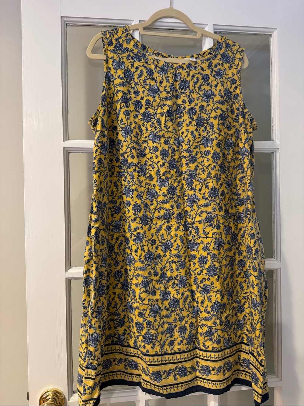 J.Jill Sleeveless Yellow Floral Linen Shift Dress - Blue Print